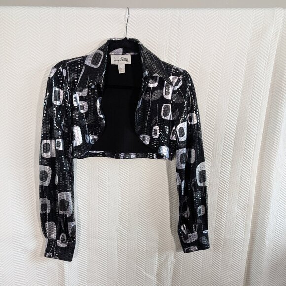 Joseph Ribkoff Black & Silver Bolero Cropped Jacket Shrug Size 8 Holographic - Picture 6 of 14